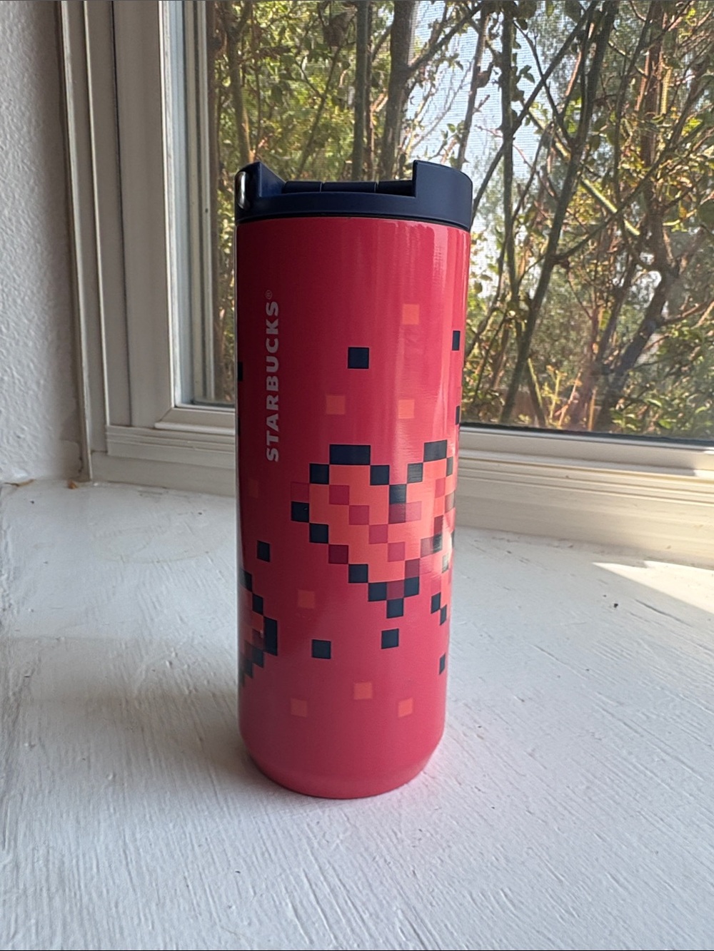 Starbucks Pink Pixel Heart Travel Tumbler with Navy Lid